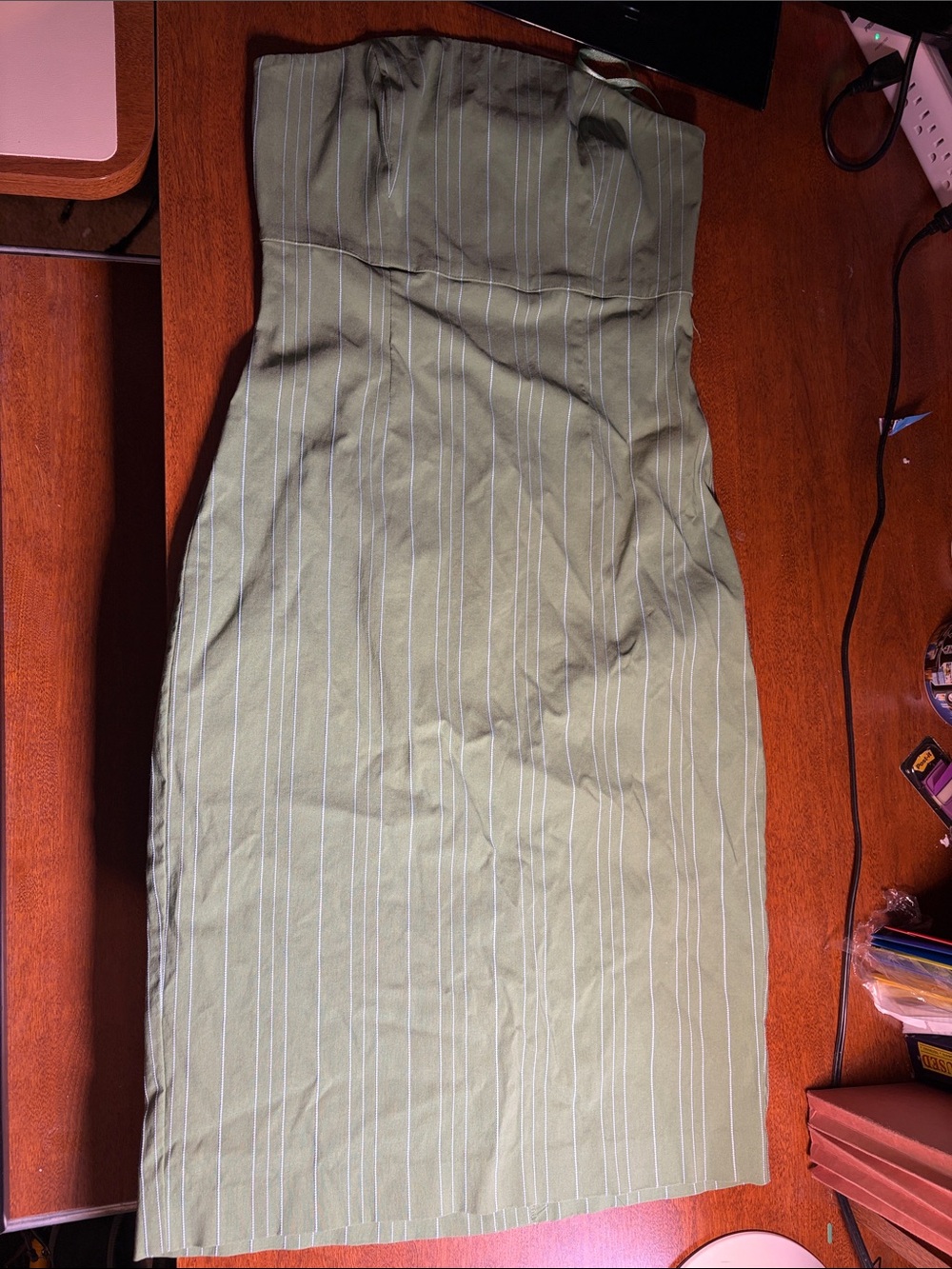 Express Olive Green Strapless Pinstripe Dress